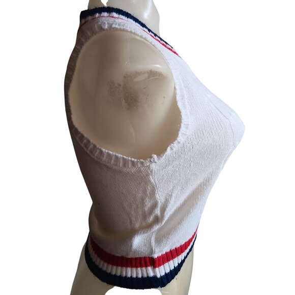 XS Vintage White Cable Knit Sleeveless Sweater Vest Japan Striped V-Neck Trim - Picture 5 of 6